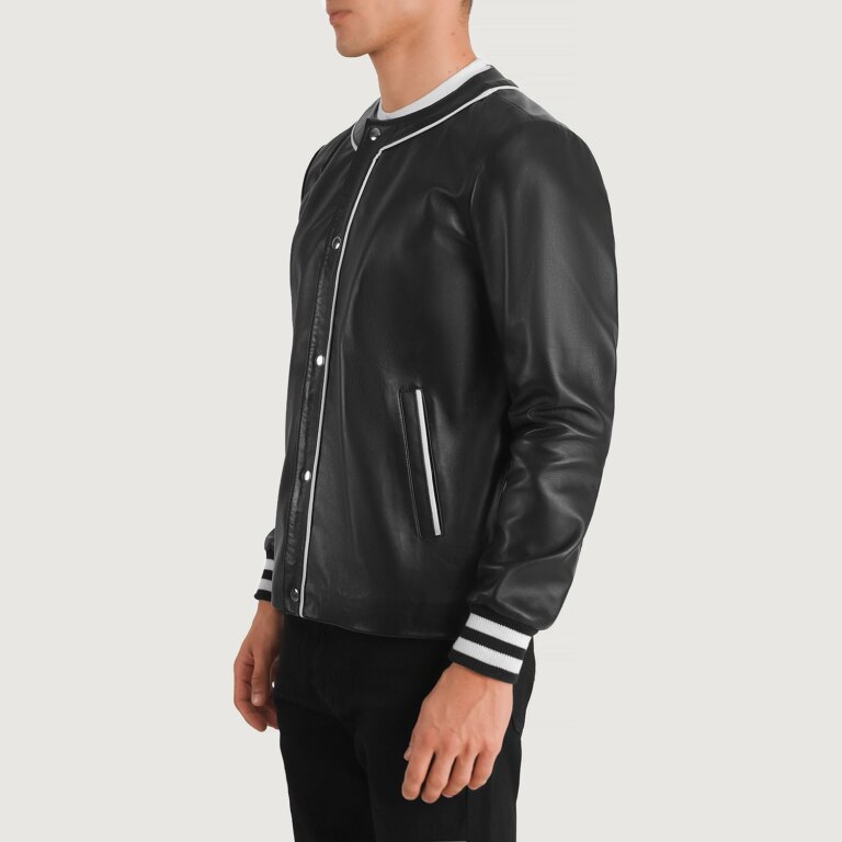 Mens Willis Black Leather Varsity Jacket Side Pose-3-1704116855772
